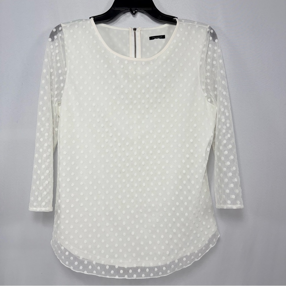 Sheer Polka Dot Swiss Dot Ann Taylor Ivory Mesh Blouse Size M Medium - Picture 2 of 8